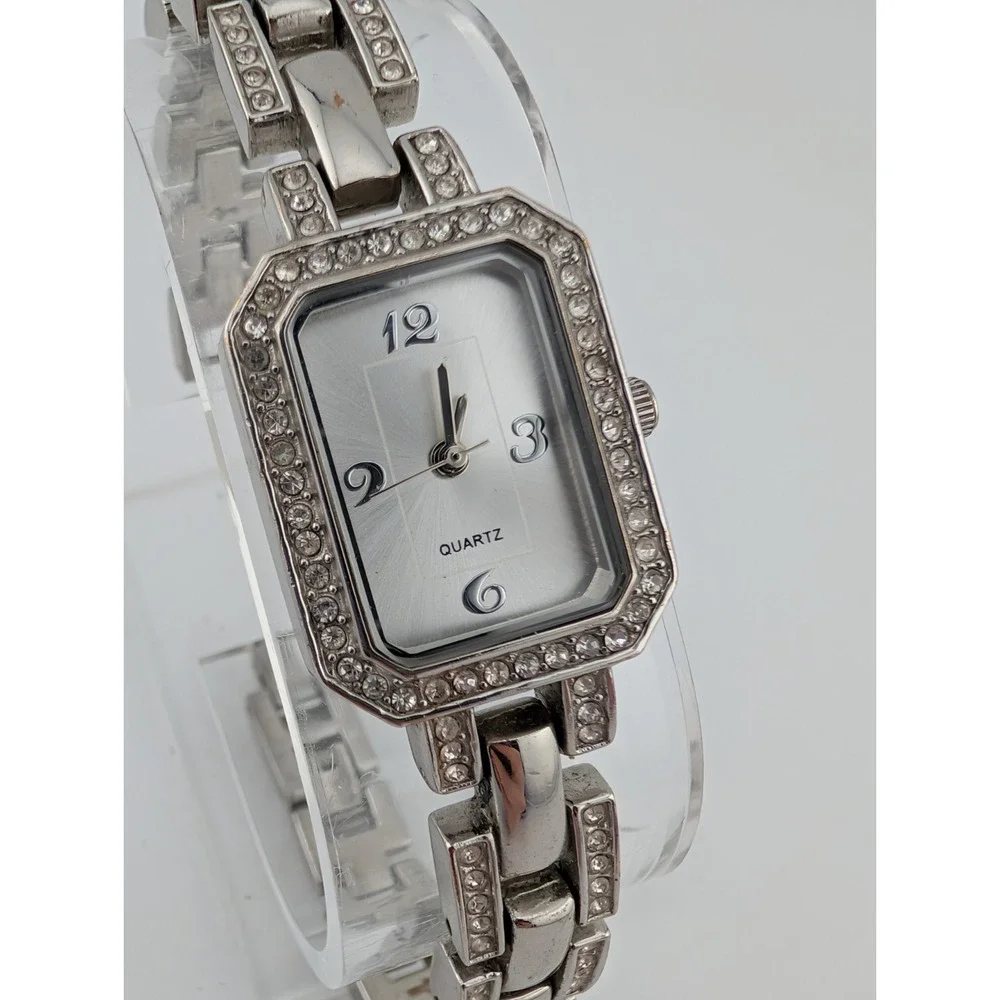 Avon‎ Tank Watch Women Rhinestone Bezel Silver 7.5